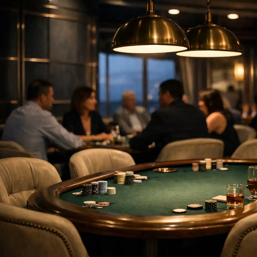 Stół pokerowy, lampy i tapicerowane krzesła w strefie kasyna na liniowcu