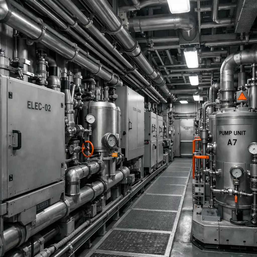 Uporządkowana przestrzeń techniczna statku z przewodami, zaworami i modułami instalacyjnymi