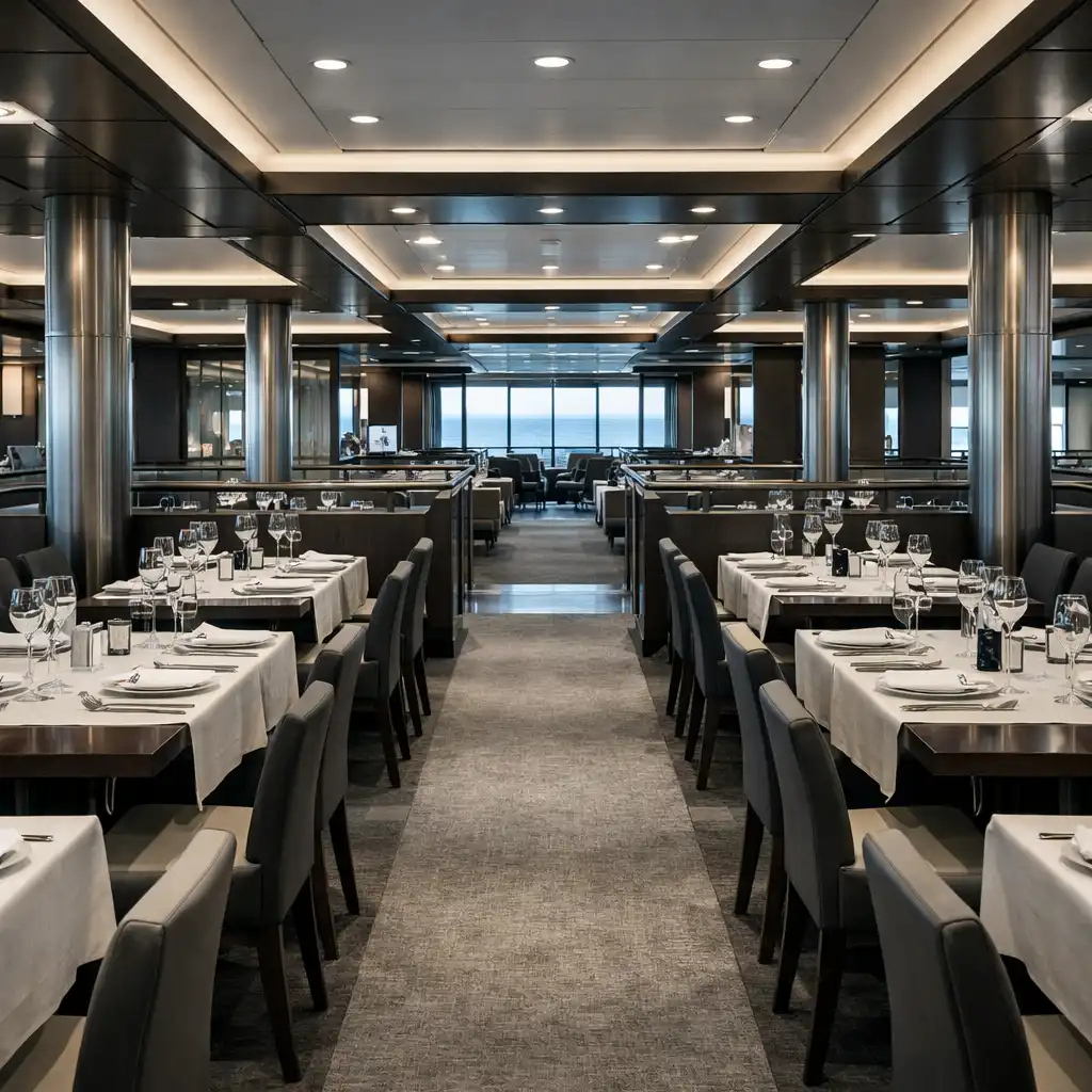 Szerokie wnętrze restauracji na statku wycieczkowym z widocznym układem stolików