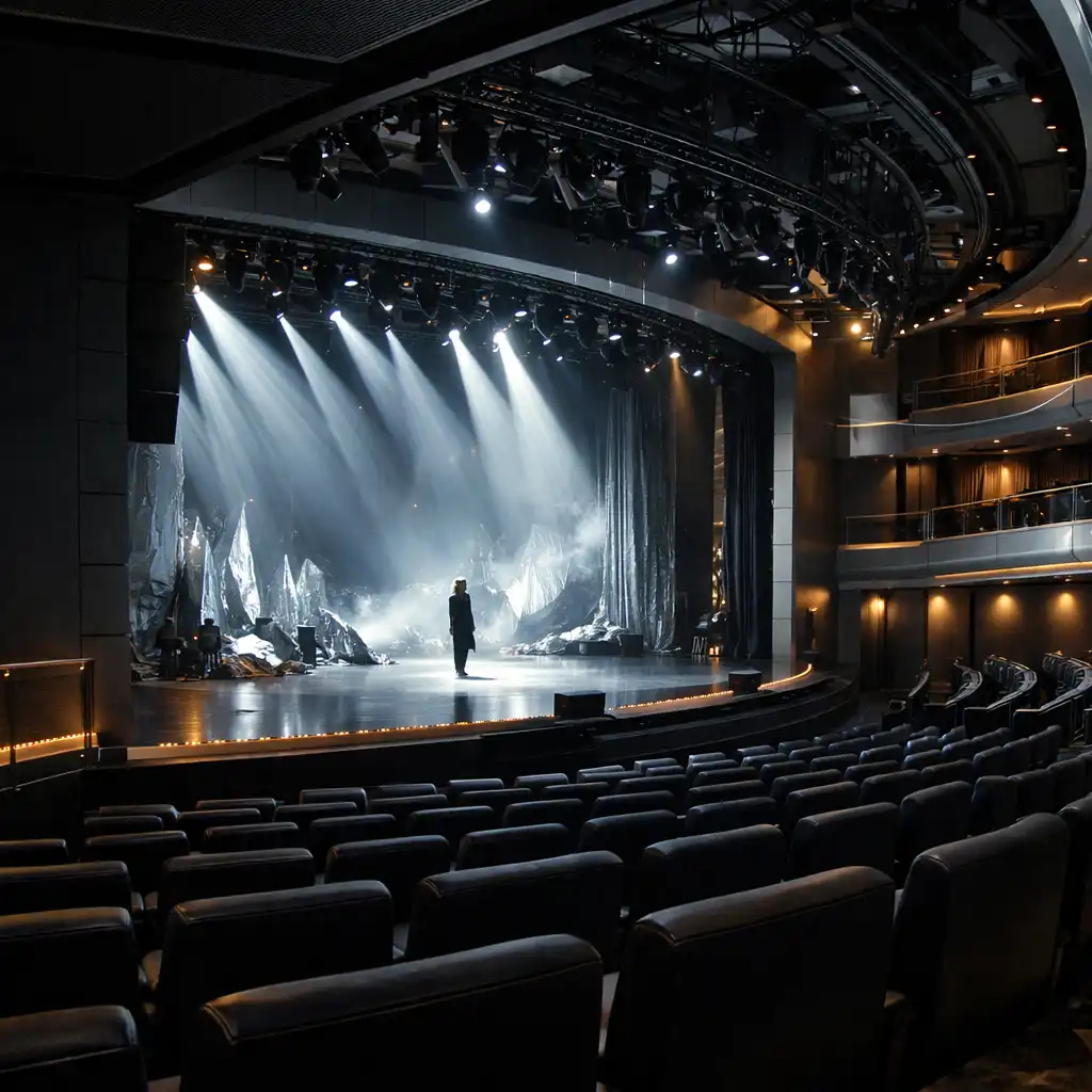 Ciemna sala teatralna na statku wycieczkowym z przygotowaną, oświetloną sceną