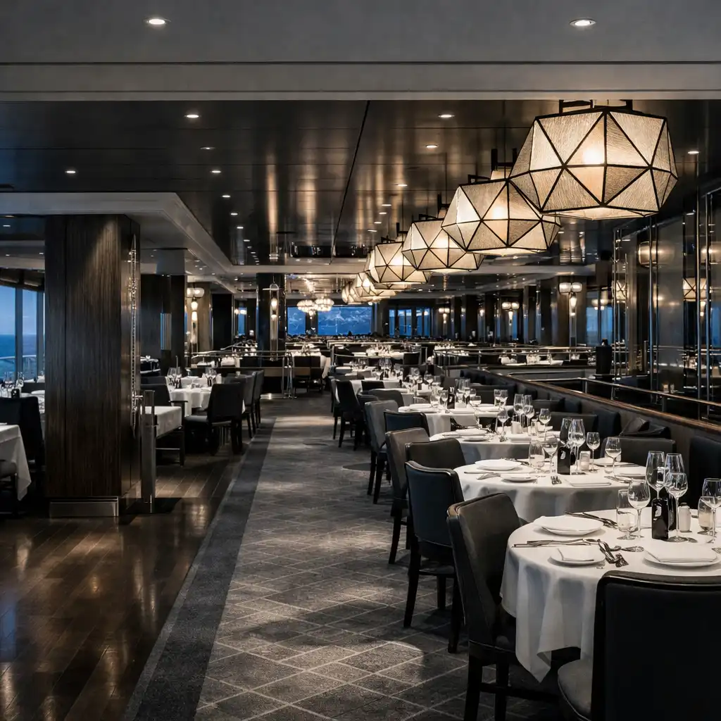 Wnętrze głównej restauracji na statku wycieczkowym z nakrytymi stołami i geometrycznym oświetleniem.